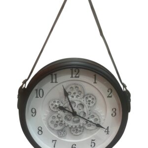 Industrial Gear Wall Clock with Leather Hanging Strap — Black & Silver