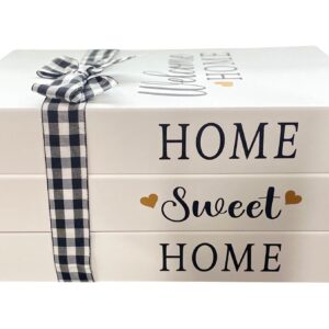 "Home Sweet Home" Decorative Book Stack · Cream White with Black Gingham Bow