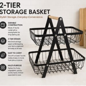 2-Tier Wire Basket Stand with Wooden Handle