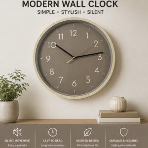 Modern Round Wall Clock — Taupe Face with Wood-Effect Frame